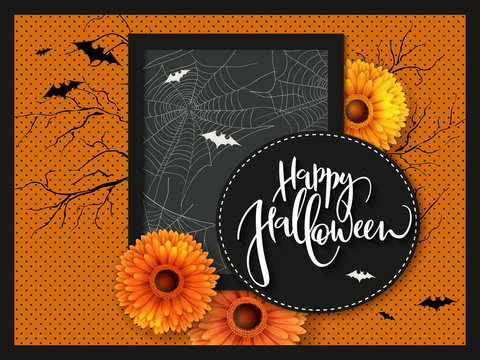 Vector illustration with design template for halloween event banner with detailed bright gerberas, bats, spider web and happy halloween hand lettering label