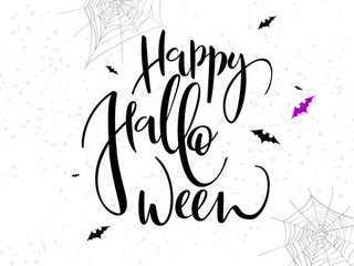 vector holiday happy halloween hand lettering label with bat, spider web and dots