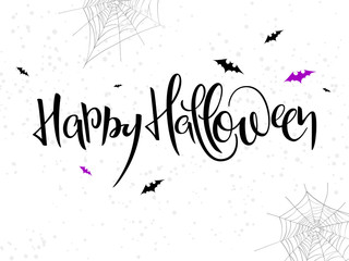 vector holiday happy halloween hand lettering label with bat, spider web and dots