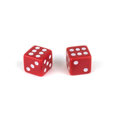 Two red dice isolated on white background, clipping path with shadow