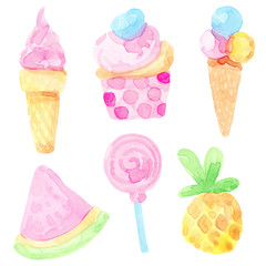 Cute cartoon watercolor set with colorful food, sweet, fruit, ice cream, cupcake, pastries, watermelon, lollipop, pineapple isolated on white background