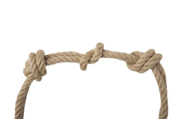 Close-up of node or knot from two ropes isolated on a white background. Navy and angler knot.