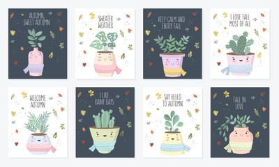 Vector poster collection with cute house plant in flower pot with scarf