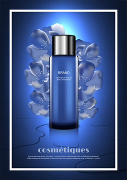Beautiful cosmetic ads template, blue serum essence with blooming flowers