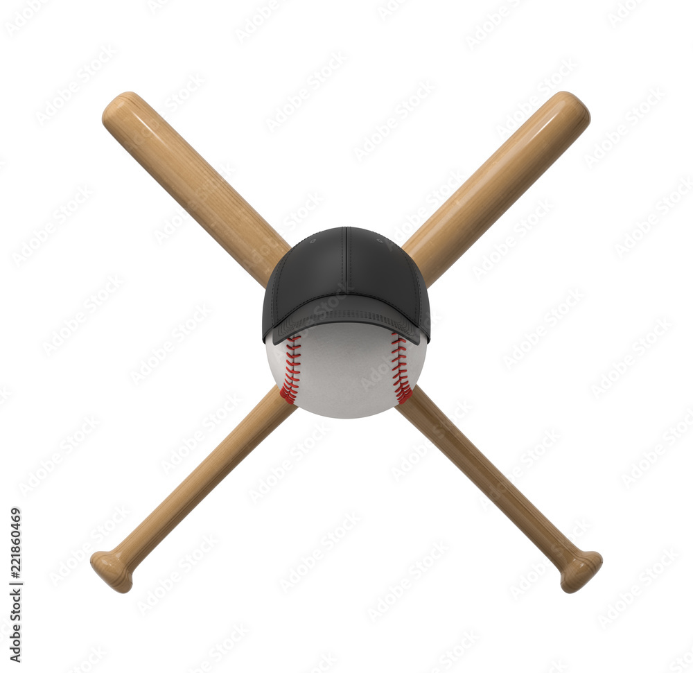 Poster 3d rendering of a huge baseball with a black cap placed on it with two crossed bats in the backgroun