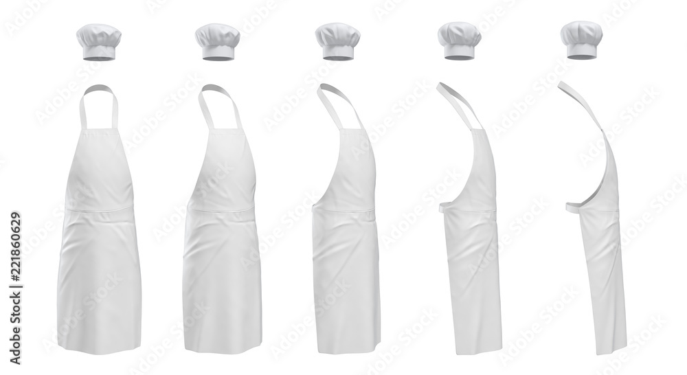 Poster 3d rendering of a set of white chief's apron a hat shown in five different angles from the viewer.