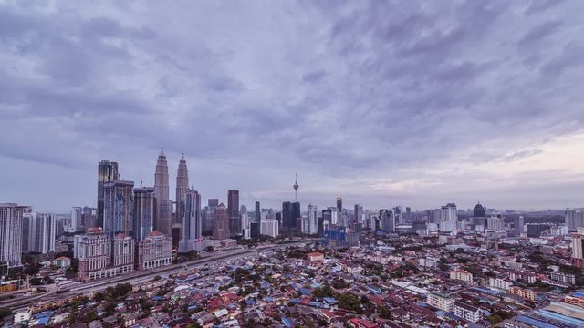 time lapse of kuala lumpur skyline of commercial building and undeveloped kampung baru