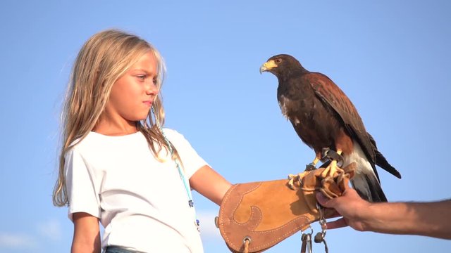 Blond girl blue eyes together hawk eagle.