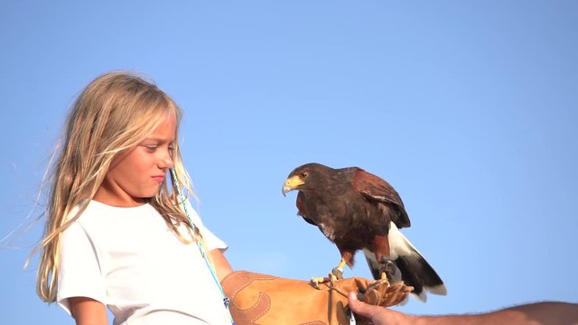 Blond girl blue eyes together hawk eagle.