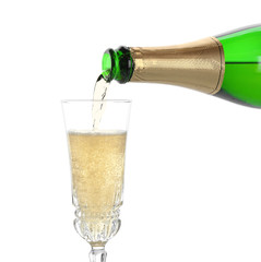 Pouring champagne from bottle into glass on white background. Festive drink