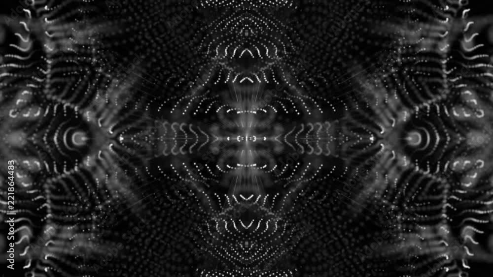 Poster geometric patterns of moving white particles. abstract background. 3d rendering
