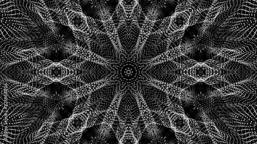 Poster geometric patterns of moving white particles. abstract background. 3d rendering