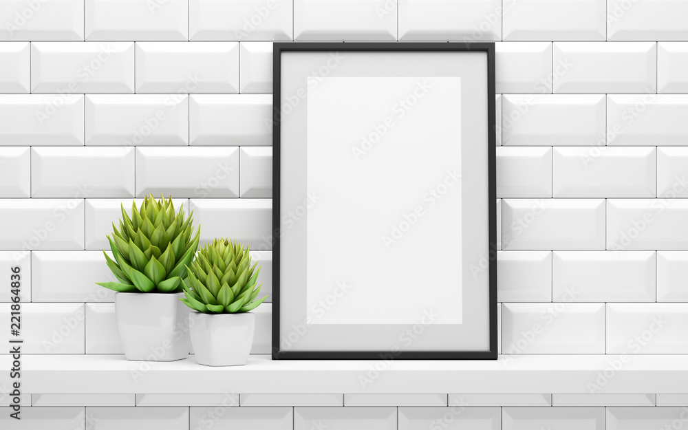 Wall mural black picture frame mock up and green potted plants on white shelf