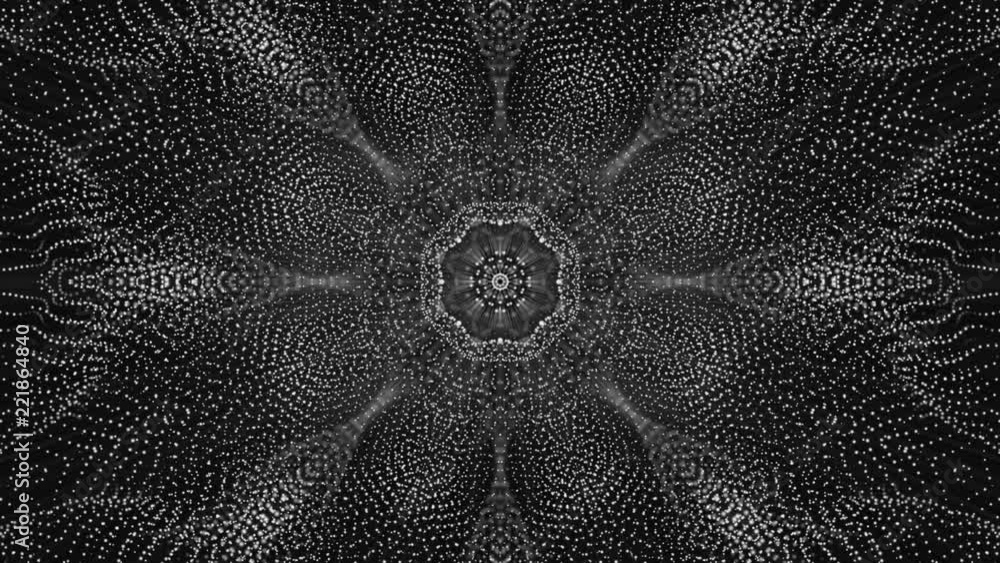 Poster geometric patterns of moving white particles. abstract background. 3d rendering