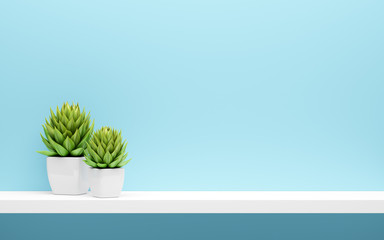 white shelf on blue wall with green potted plants mock up - 221864810