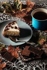 slice of cake with tea in autumn in the park