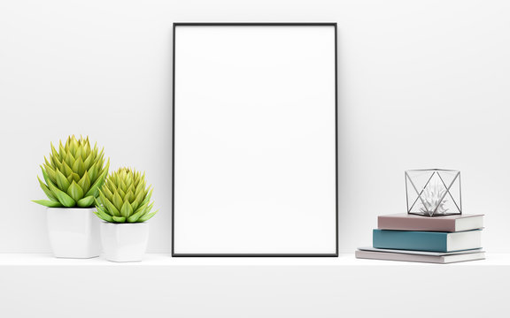 black picture frame mock up and green potted plants on white shelf