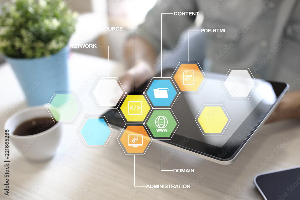 Wall mural cms. content management system applications icons on virtual screen. business, internet and technolo