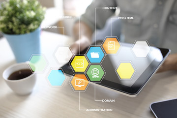 CMS. Content management system applications icons on virtual screen. Business, internet and...