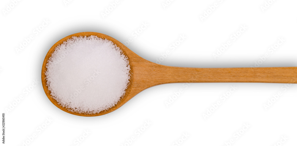 Wall mural Salt in wooden spoon on white background