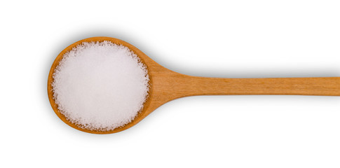 Salt in wooden spoon on white background