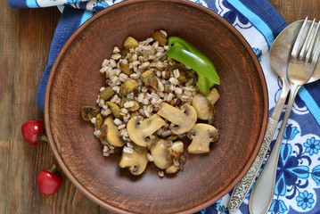 Warm salad of pearl barley, eggplant and mushrooms,  top view 
