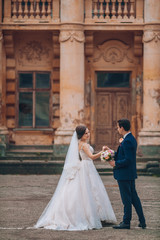 Obraz premium Wedding in the castle. Stylish and beautiful. Princess's dress. Lush white dress and veil. Bride is a brunette. The groom in a black suit. A couple is walking near the castle grounds.