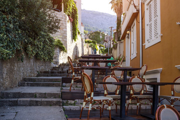 Tables in the narrow streets of the old city.