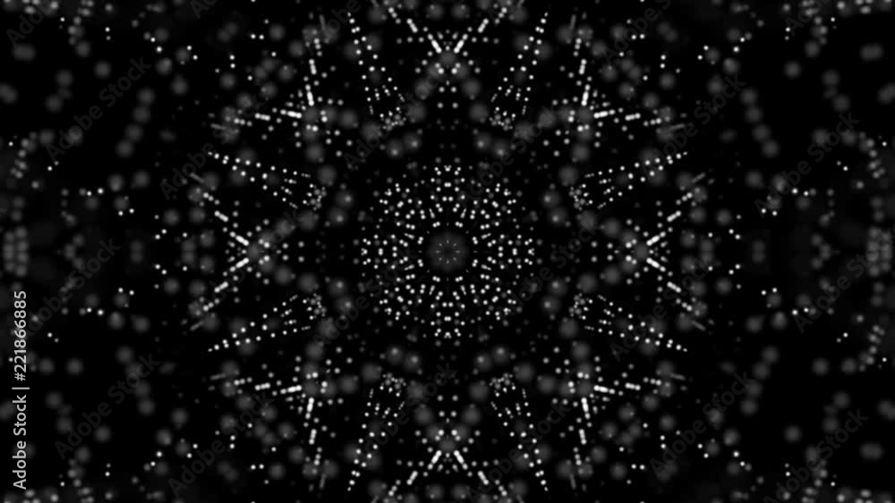 Poster geometric patterns of moving white particles. abstract background. 3d rendering