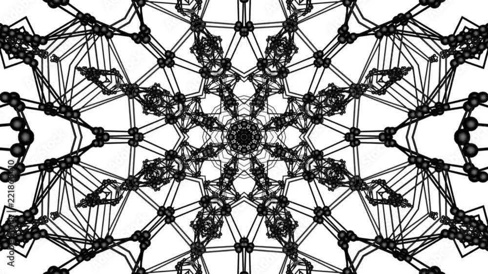 Poster geometric patterns from a black atomic lattice. abstract kaleidoscope background. 3d rendering