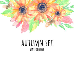 cartoon watercolor card. Autumn, harvest time. Postcard with sunflowers, leaves, acorns, dog rose isolated on white background