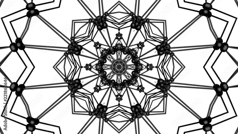 Poster geometric patterns from a black atomic lattice. abstract kaleidoscope background. 3d rendering