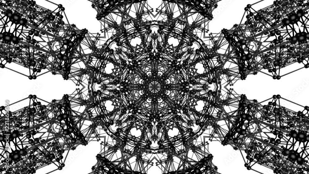 Poster geometric patterns from a black atomic lattice. abstract kaleidoscope background. 3d rendering