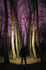 A man with a flashlight at night in a dark forest