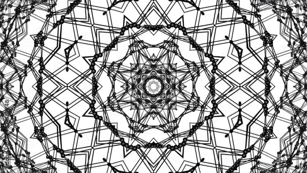 Poster geometric patterns from a black atomic lattice. abstract kaleidoscope background. 3d rendering