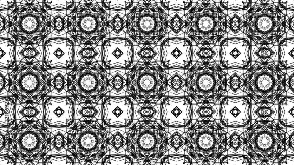 Poster geometric patterns from a black atomic lattice. abstract kaleidoscope background. 3d rendering