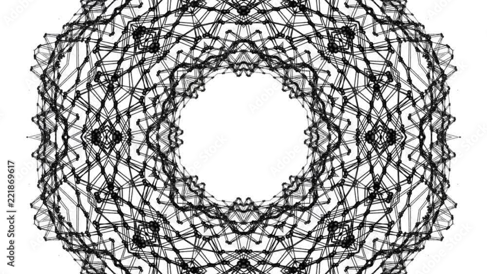 Poster geometric patterns from a black atomic lattice. abstract kaleidoscope background. 3d rendering