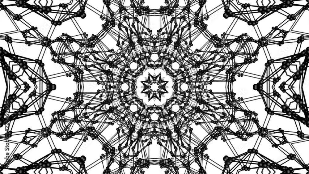 Poster geometric patterns from a black atomic lattice. abstract kaleidoscope background. 3d rendering