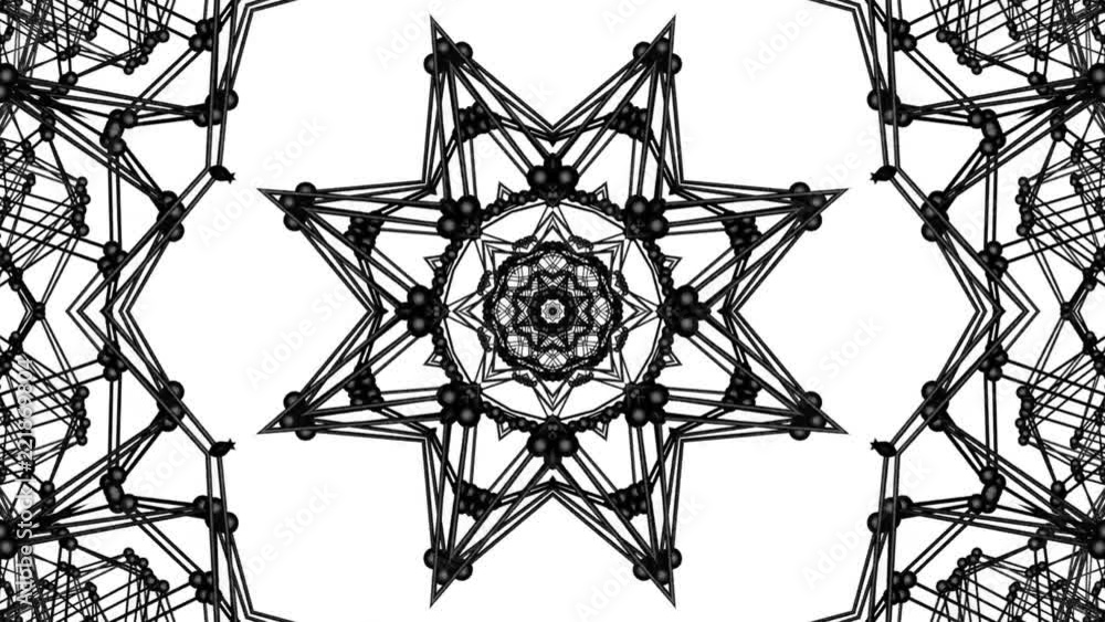 Poster geometric patterns from a black atomic lattice. abstract kaleidoscope background. 3d rendering