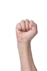 Female hand with a clenched fist on white background