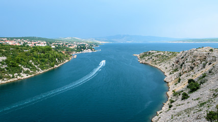 Naklejka premium Adriatic sea, croatian coast and Maslenica seen from the Maslenica bridge in Croatia