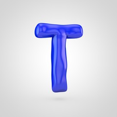 Blue plasticine letter T uppercase isolated on white background.