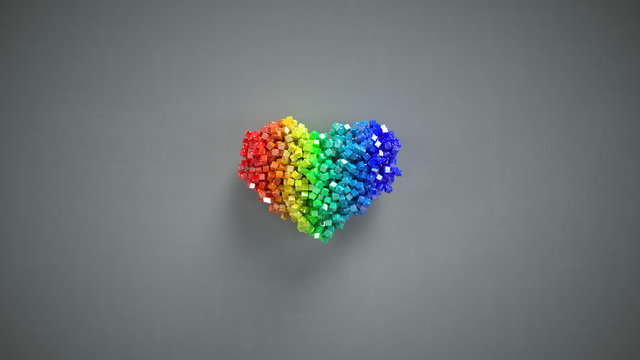 Rainbow heart shape of small glossy cubes 3D render