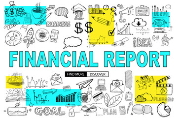 Financial Report concept with Doodle design style: online purchases, banking, money spending