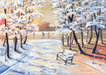 Gouache painting winter landscape with snowy trees, footpath, bench and figure skaters on a frozen river