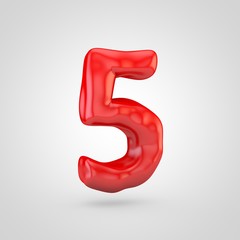 Red plasticine number 5 isolated on white background.