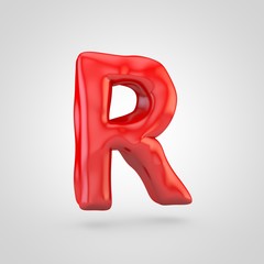 Red plasticine letter R uppercase isolated on white background.