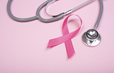 pink ribbon breast cancer and stethoscope on pink background. with copy space