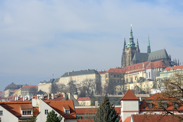 Fototapeta premium Panoramic view from Manes Bridge toward Prague Castle.