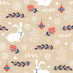 seamless christmas pattern with white  little  cute rabbits on a  beige